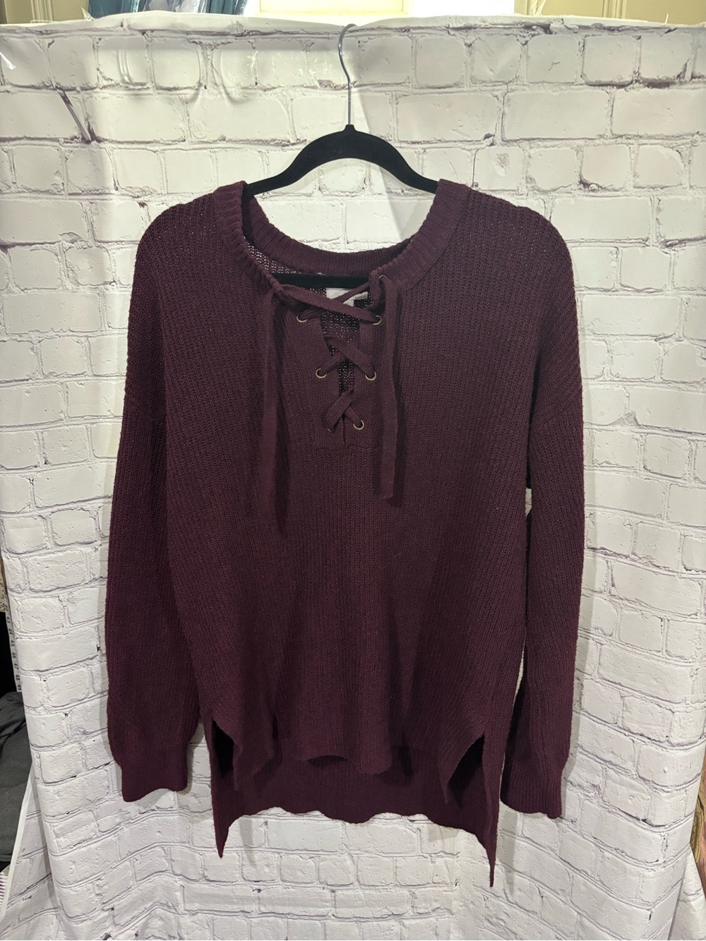 SO Lace-Up Scoop Neck Sweater - Burgundy